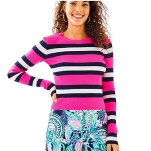 Lilly Pulitzer Adeen Cropped Sweater in Mandevilla Pink Safari Stripe Size XL.